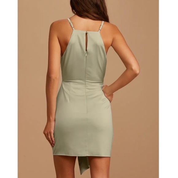 Sage Green Lulu’s What a Stunner Asymmetric Silk Dress - Picture 3 of 6